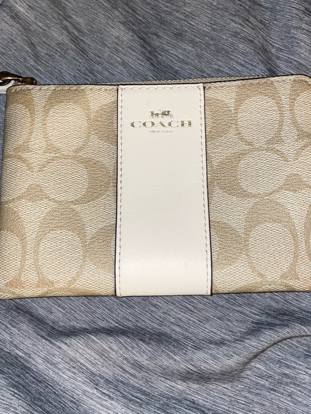 Coach Beige Signature Canvas Wristlet with White Center Stripe